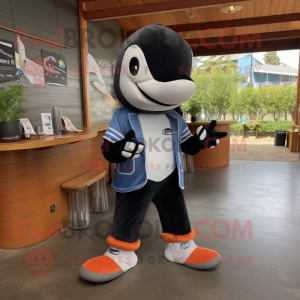 Rust Killer Whale mascot costume character dressed with a Oxford Shirt and Shoe laces