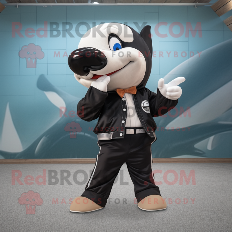 Rust Killer Whale mascot costume character dressed with a Oxford Shirt and Shoe laces