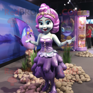 Lavender Mermaid mascot costume character dressed with a Mini Skirt and Coin purses