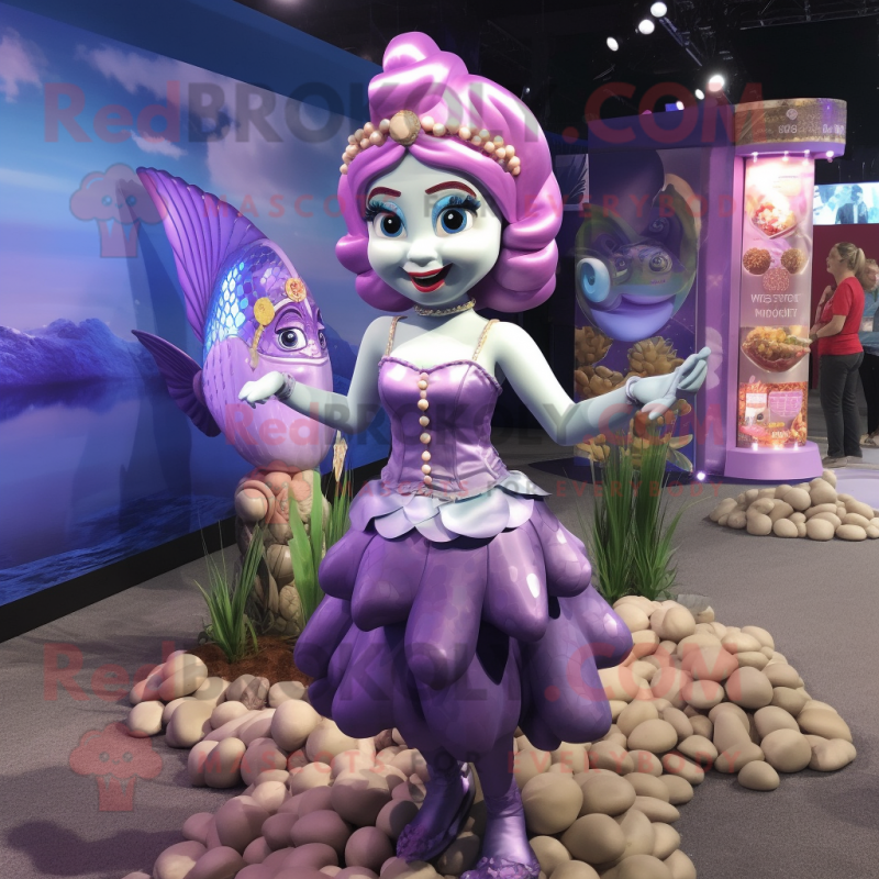 Lavender Mermaid mascot costume character dressed with a Mini Skirt and Coin purses Lavender Mermaid mascot costume character dressed with a Mini Skirt and Coin purses