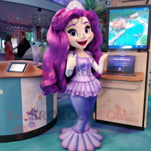 Lavender Mermaid mascot costume character dressed with a Mini Skirt and Coin purses