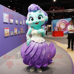 Lavender Mermaid mascot costume character dressed with a Mini Skirt and Coin purses