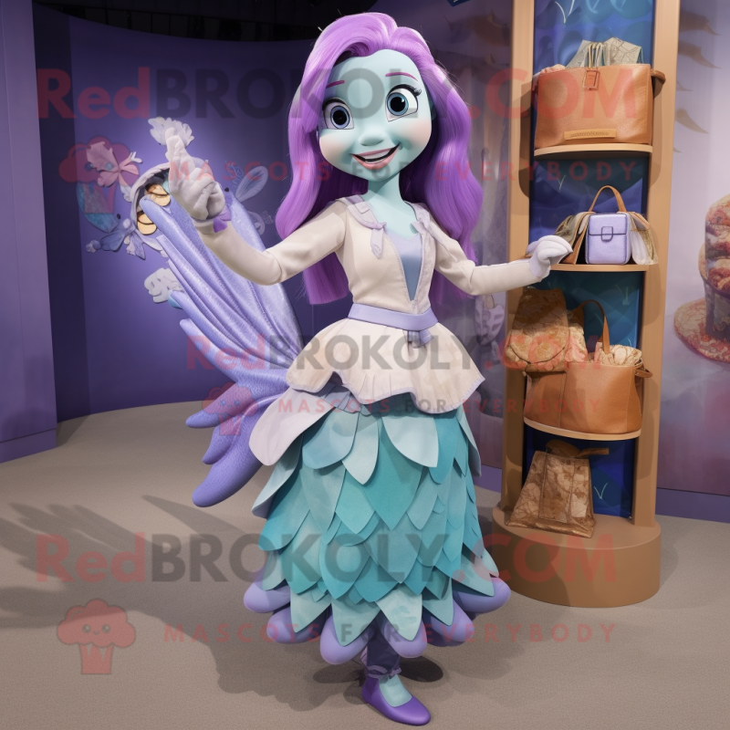 Lavender Mermaid mascot costume character dressed with a Mini Skirt and Coin purses Lavender Mermaid mascot costume character dressed with a Mini Skirt and Coin purses