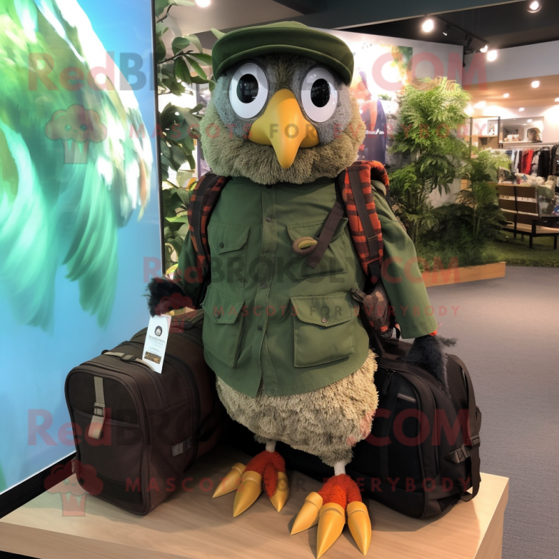 Forest Green Quail mascot costume character dressed with a Cargo Shorts and Handbags Forest Green Quail mascot costume character dressed with a Cargo Shorts and Handbags