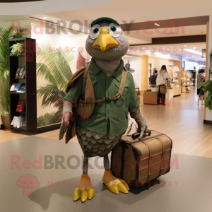 Forest Green Quail mascot costume character dressed with a Cargo Shorts and Handbags