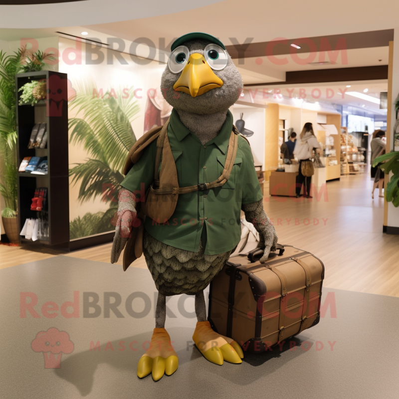Forest Green Quail mascot costume character dressed with a Cargo Shorts and Handbags Forest Green Quail mascot costume character dressed with a Cargo Shorts and Handbags