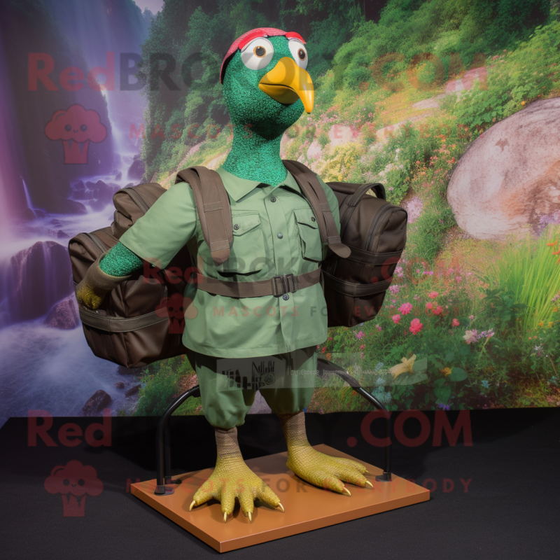 Forest Green Quail mascot costume character dressed with a Cargo Shorts and Handbags