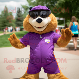 Purple Marmot mascot costume character dressed with a Capri Pants and Bracelets