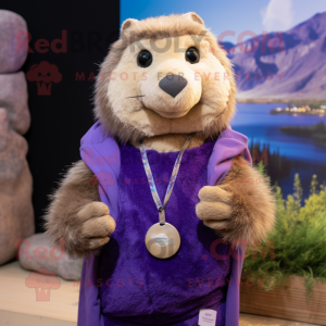 Purple Marmot mascot costume character dressed with a Capri Pants and Bracelets