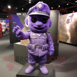 Lavender Soldier mascot costume character dressed with a Vest and Caps