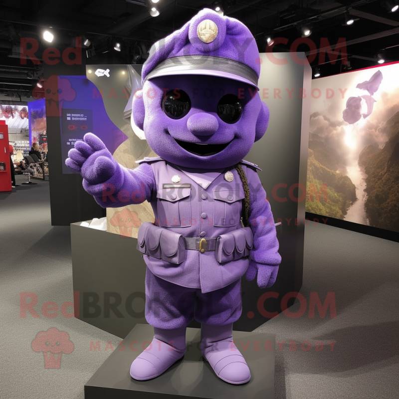 Lavender Soldier mascot costume character dressed with a Vest and Caps Lavender Soldier mascot costume character dressed with a Vest and Caps