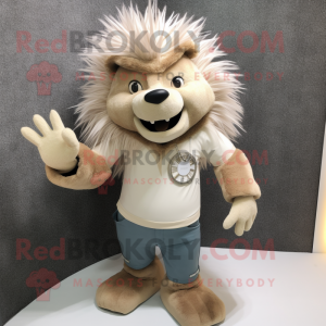 Beige Porcupine mascot costume character dressed with a Boyfriend Jeans and Bracelet watches