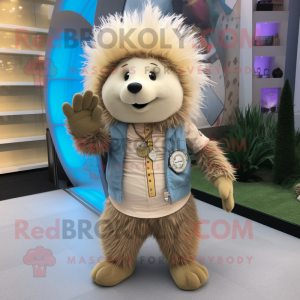 Beige Porcupine mascot costume character dressed with a Boyfriend Jeans and Bracelet watches