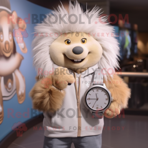 Beige Porcupine mascot costume character dressed with a Boyfriend Jeans and Bracelet watches