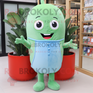 Cyan Green Bean mascot costume character dressed with a Denim Shorts and Hair clips