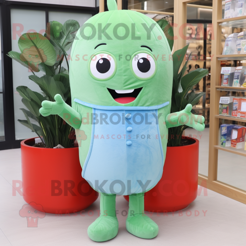Cyan Green Bean mascot costume character dressed with a Denim Shorts and Hair clips Cyan Green Bean mascot costume character dressed with a Denim Shorts and Hair clips