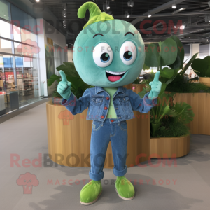 Cyan Green Bean mascot costume character dressed with a Denim Shorts and Hair clips