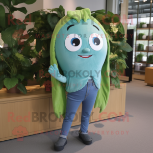 Cyan Green Bean mascot costume character dressed with a Denim Shorts and Hair clips