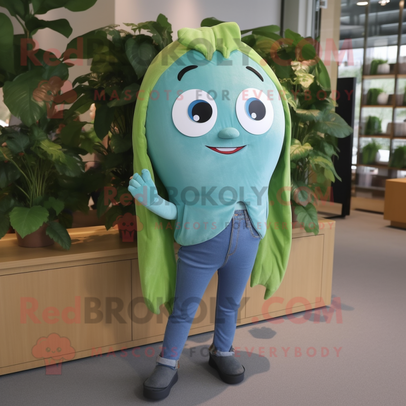 Cyan Green Bean mascot costume character dressed with a Denim Shorts and Hair clips Cyan Green Bean mascot costume character dressed with a Denim Shorts and Hair clips