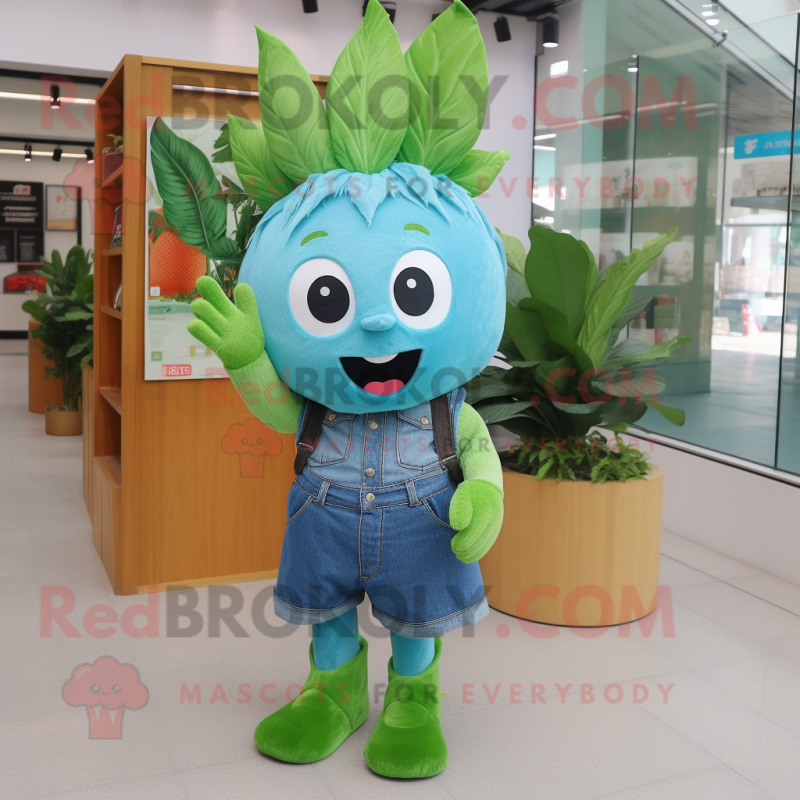 Cyan Green Bean mascot costume character dressed with a Denim Shorts and Hair clips