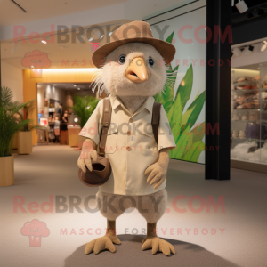 Beige Kiwi mascot costume character dressed with a Henley Shirt and Hats