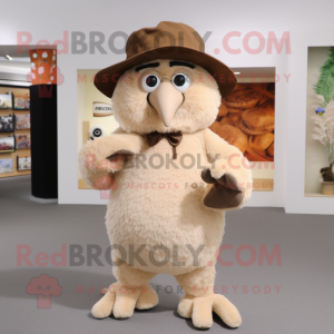 Beige Kiwi mascot costume character dressed with a Henley Shirt and Hats