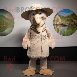 Beige Kiwi mascot costume character dressed with a Henley Shirt and Hats