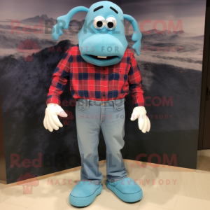 Sky Blue Lobster Bisque mascot costume character dressed with a Flannel Shirt and Shoe laces