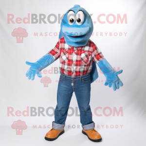 Sky Blue Lobster Bisque mascot costume character dressed with a Flannel Shirt and Shoe laces