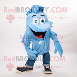 Sky Blue Lobster Bisque mascot costume character dressed with a Flannel Shirt and Shoe laces