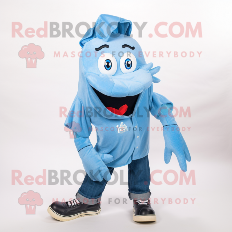 Sky Blue Lobster Bisque mascot costume character dressed with a Flannel Shirt and Shoe laces