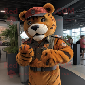 Rust Tiger mascot costume character dressed with a Rash Guard and Berets