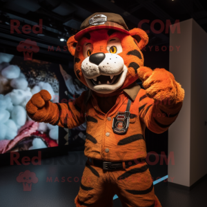Rust Tiger mascot costume character dressed with a Rash Guard and Berets