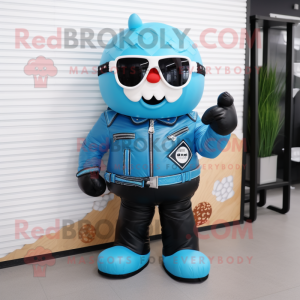 Blue Ice Cream mascot costume character dressed with a Leather Jacket and Cummerbunds