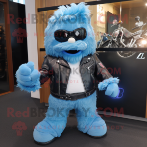 Blue Ice Cream mascot costume character dressed with a Leather Jacket and Cummerbunds