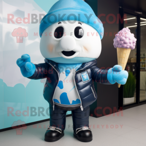 Blue Ice Cream mascot costume character dressed with a Leather Jacket and Cummerbunds