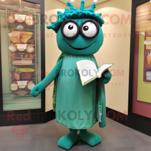 Teal Zucchini mascot costume character dressed with a Wrap Dress and Reading glasses