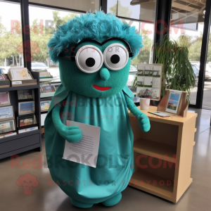 Teal Zucchini mascot costume character dressed with a Wrap Dress and Reading glasses