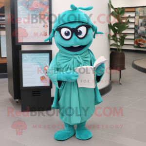 Teal Zucchini mascot costume character dressed with a Wrap Dress and Reading glasses