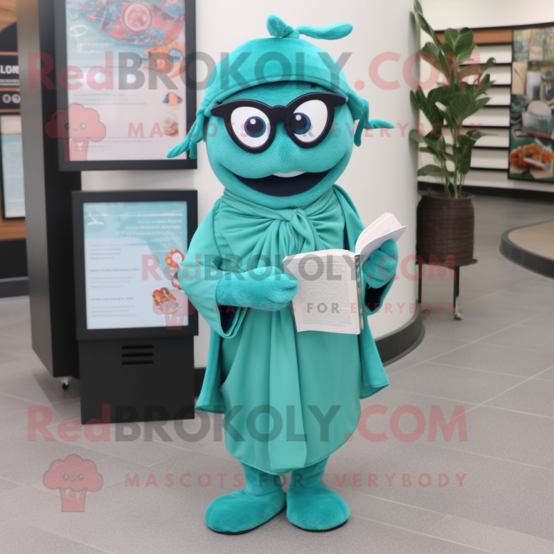 Teal Zucchini mascot costume character dressed with a Wrap Dress and Reading glasses Teal Zucchini mascot costume character dressed with a Wrap Dress and Reading glasses