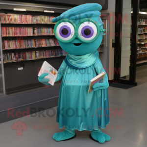Teal Zucchini mascot costume character dressed with a Wrap Dress and Reading glasses
