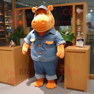 Orange Hippopotamus mascot costume character dressed with a Denim Shorts and Keychains
