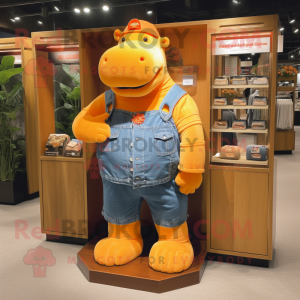 Orange Hippopotamus mascot costume character dressed with a Denim Shorts and Keychains