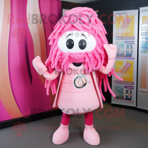 Pink Ramen mascot costume character dressed with a Leggings and Hats