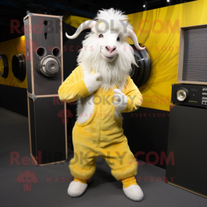 Lemon Yellow Angora Goat mascot costume character dressed with a Corduroy Pants and Rings