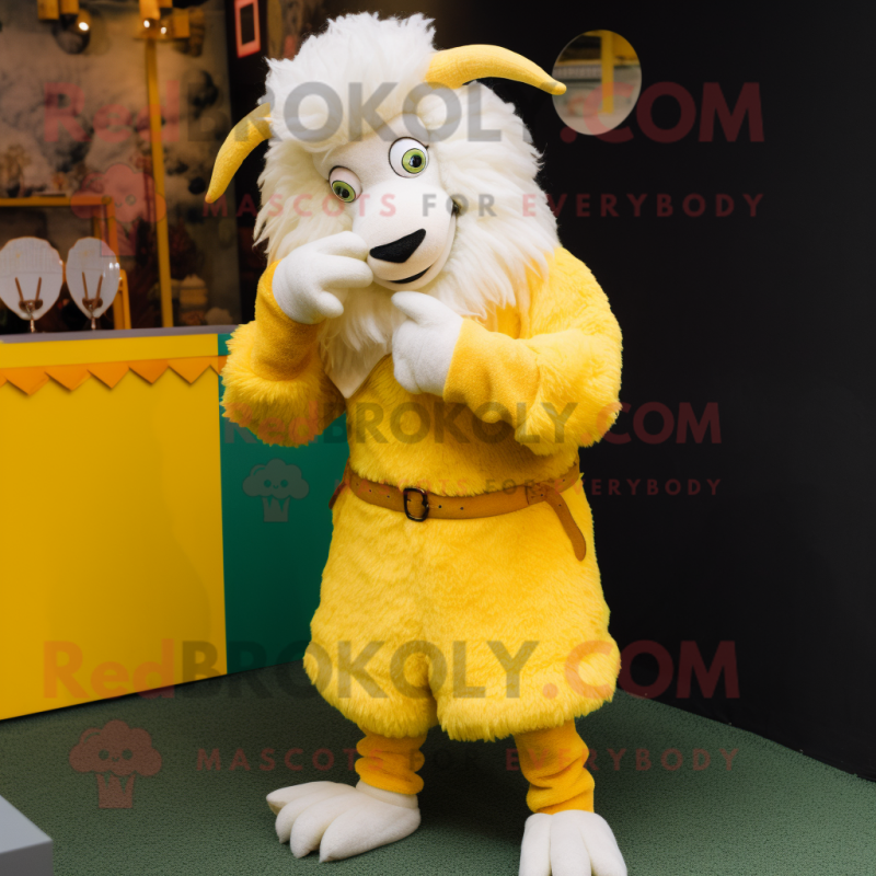 Lemon Yellow Angora Goat mascot costume character dressed with a Corduroy Pants and Rings