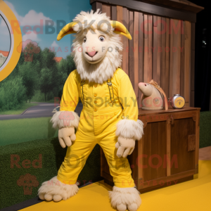 Lemon Yellow Angora Goat mascot costume character dressed with a Corduroy Pants and Rings