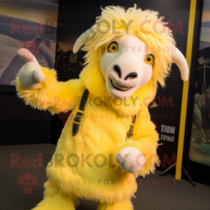 Lemon Yellow Angora Goat mascot costume character dressed with a Corduroy Pants and Rings