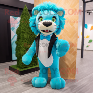 Cyan Lion mascot costume character dressed with a Dress and Bow ties