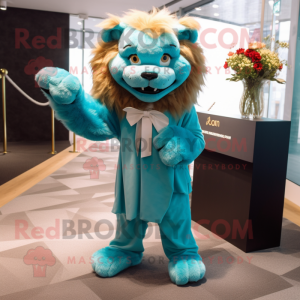 Cyan Lion mascot costume character dressed with a Dress and Bow ties